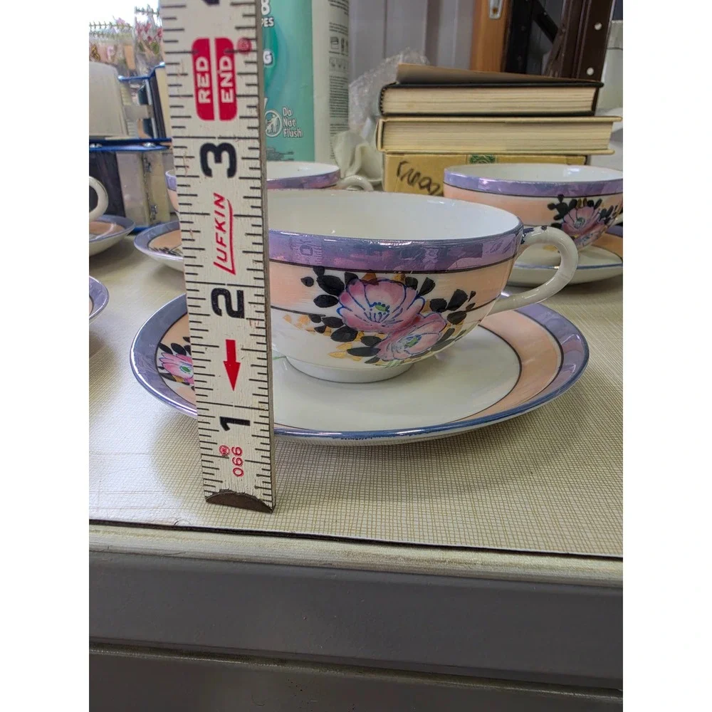 Vintage Japanese Lusterware Tea Cup and Saucer Set Hand Painted Floral 10 Piece